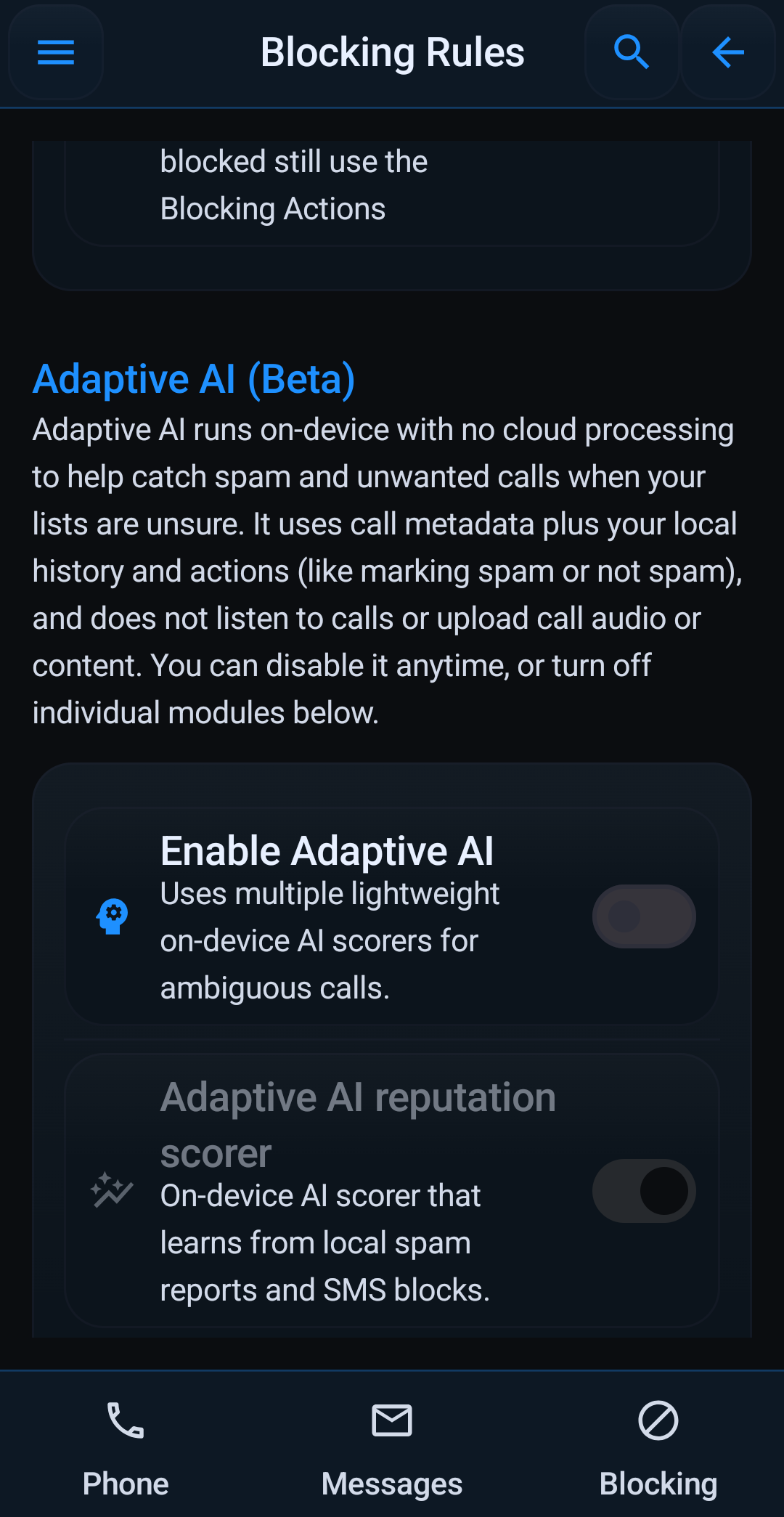 Block Guard Android settings for AI-assisted call protection, spam blocking, and trusted contacts